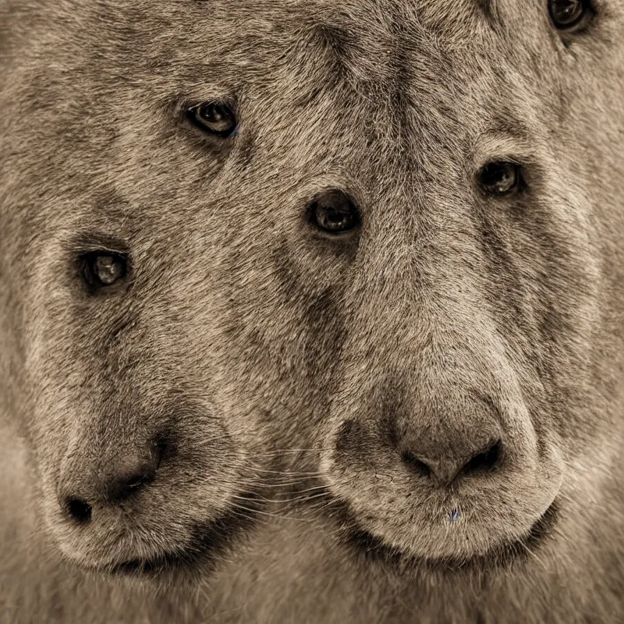 Image similar to the face of a mammal, portrait, photography, perfectly symmetrical face