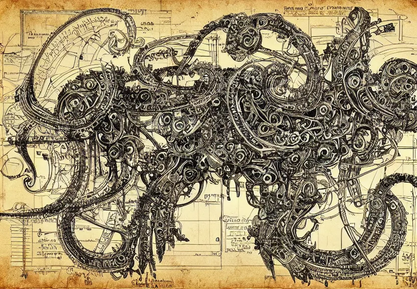 Image similar to schematic blueprint of many highly detailed ornate filigreed convoluted ornamented elaborate cybernetic rats, art by da vinci