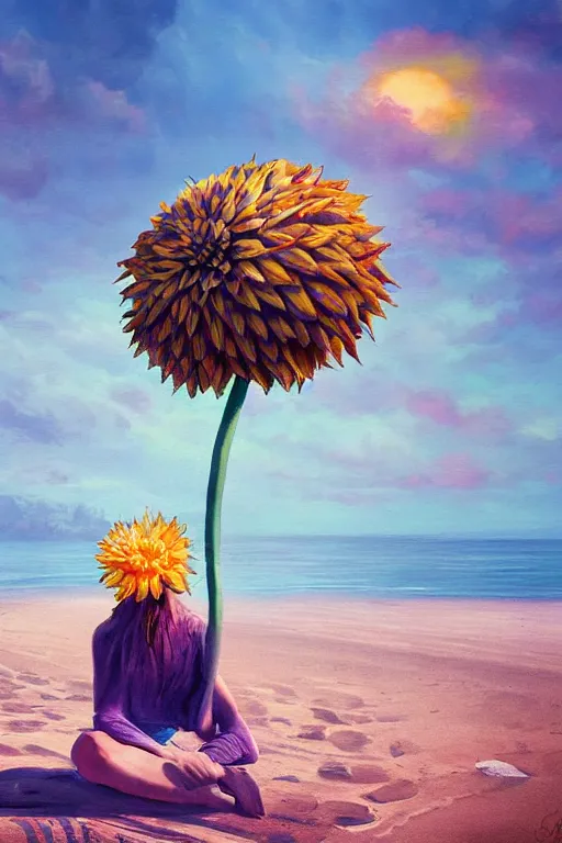 Image similar to closeup giant dahlia flower head, girl sitting on beach, surreal photography, blue sky, sunrise, dramatic light, impressionist painting, digital painting, artstation, simon stalenhag