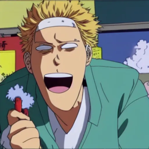 Prompt: A still of Jonah Hill with blonde hair wearing a tie dye t-shirt and a hat, smoking in One Piece Anime Series