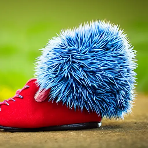 Prompt: photo of a realistic blue hedgehog wearing red shoes