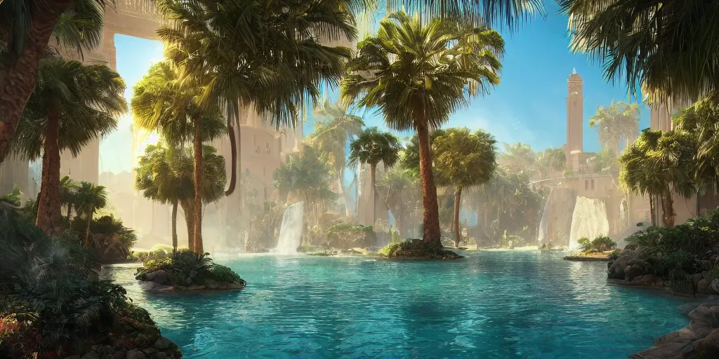 Image similar to beautiful oasis waterfalls surrounded by palm trees, Moroccan tile archways, date trees, ivory towers, sun setting, ross tran, nephilim, pyroclastic flow, ethereal, fantasy, James Jean, oozium, peter morbacher, angelarium, alchemy, luxury, heavenly light, Soft illumination, Trending on artstation, Cinematic Lighting, digital painting, octane render, artgerm