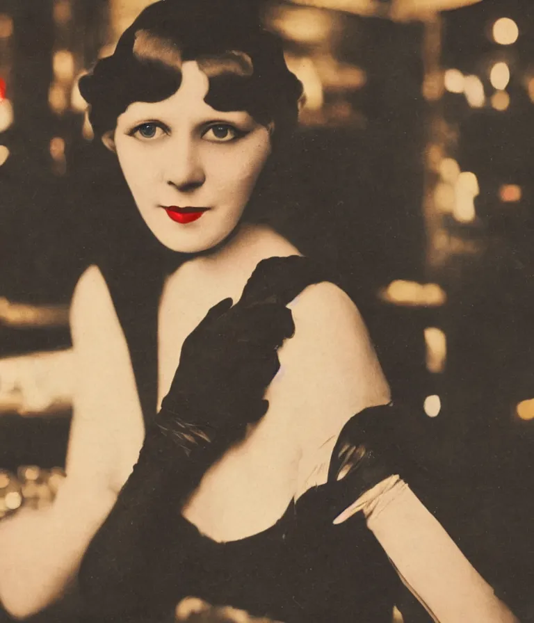 Image similar to close - up antique grainy colored photo of a 1 9 2 0 s short - haired flapper woman in black satin gloves looking and smirking seductively at the camera, in a crowded dimly lit speakeasy bar, jazz age, cohesive, 5 0 mm photography, precise, cinematic, low - lighting, photography