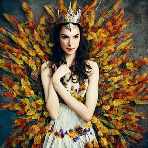 Prompt: fine art photo of the beauty gal gadot, she has a crown and a dress made of dried flowers done by oleg oprisco