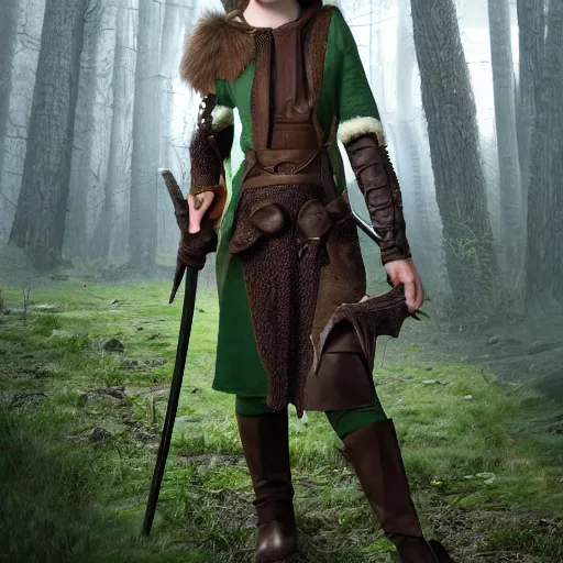 Image similar to anya charlota as a medieval fantasy wood elf, dark brown hair tucked behind ears, wearing a green tunic with a fur lined collar and brown leather armor, stocky, muscular build, scar across nose, one black, scaled arm, wielding a battleaxe, cinematic, character art, digital art, forest background, realistic. 4 k