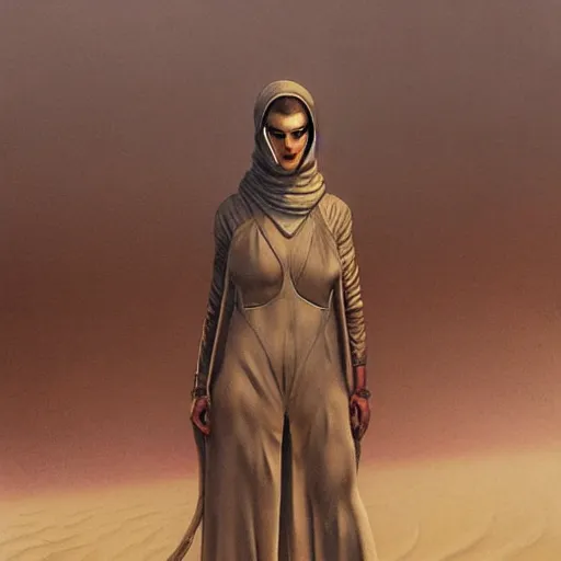 Image similar to a stunning hyperrealistic character from the movie Dune walking through an arid minimalistic desert with harsh noon sunlight, award-winning, masterpiece, in the style of Tom Bagshaw, Cedric Peyravernay, Peter Mohrbacher