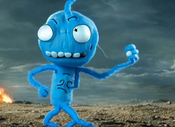 Image similar to film still of mr. meeseeks in the new scifi movie, 4 k, highly intricate, hyper realistic