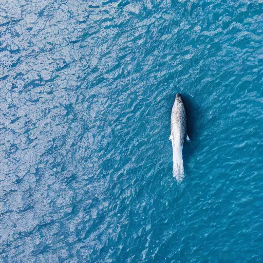 Prompt: white whale in the middle of the ocean, alone, aerial view, canon eos r 3, f / 1. 4, iso 2 0 0, 1 / 1 6 0 s, 8 k, raw, unedited, symmetrical balance, in - frame
