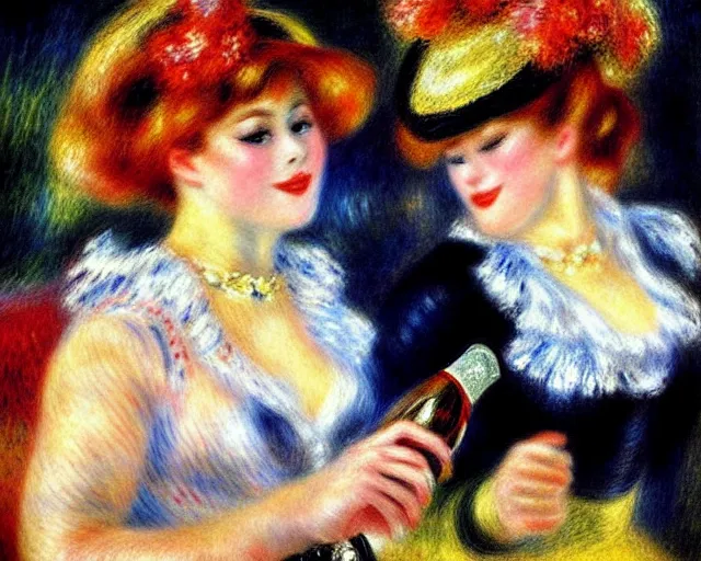 Prompt: vintage, champagne. cancan, french, realistic, cheerful, 1 9 0 2 art by renoir