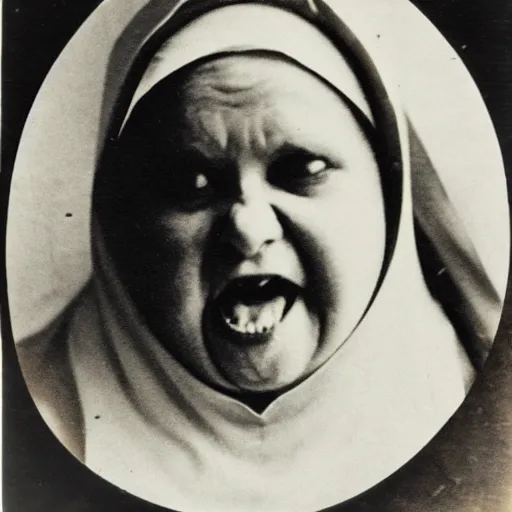 Prompt: antique photograph of an evil catholic nun, cracked and faded photo paper, morbidly obese, crazy eyes wide open, horror, staring at the camera, headshot, dark background, low light, dark