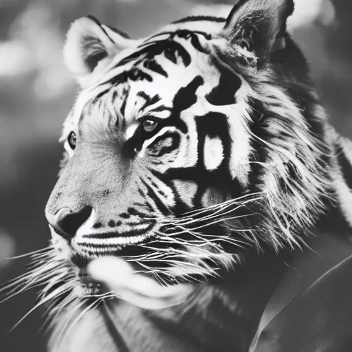 Image similar to woman from rising silent posing with a tiger in a garden, 1 9 2 0 s photography, trending on unsplash, black and white photography, intricately defined, complexly detailed, 4 k photorealism, golden ratio!!!!!, centered!!!!!