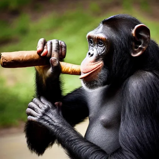 Image similar to a high detail closeup shot of a chimp wearing a suit and smoking a cigar