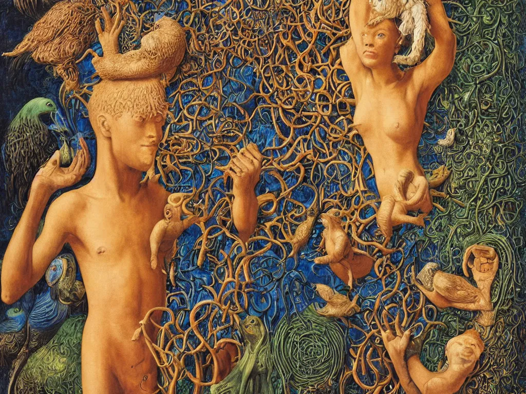 Prompt: Portrait of the African god albino holding the caged fantastic fractal bird at her chest, sculpture, Henri Moore giant, blue eyed, flowing milk, lightning network. Boulders of spiked fungi. Painting by Lucas Cranach, Rene Magritte, Jean Delville, Max Ernst, Maria Sybilla Merian, Roger Dean