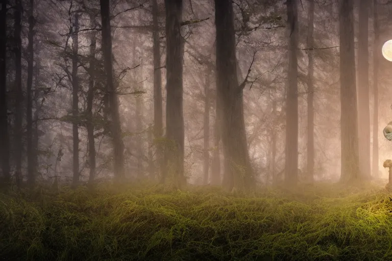 Image similar to a burning human skeleton behind computer overgrown with moss, in foggy forest, at night with moon light, dark atmosphere, fantasy, digital art