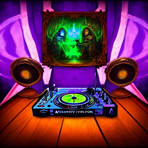 Image similar to fantasy painting of a dj set with turntable in a fantasy dungeon in the style of word of warcraft,