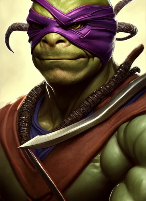 Image similar to Portrait of ninja turtle, D&D, muscular, fantasy, intricate, elegant, highly detailed, digital painting, artstation, concept art, smooth, sharp focus, illustration, art by artgerm and greg rutkowski and alphonse mucha