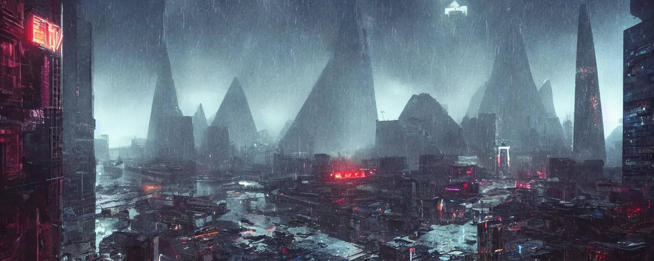 Prompt: megalithic shiny pyramid in the distance, brutalist, blade runner, sci fi, stunning detail, cityscape, cyberpunk, wet street, 8k, cinematic lighting, sublime, ultra realistic, colorful, neon, octane rendered,