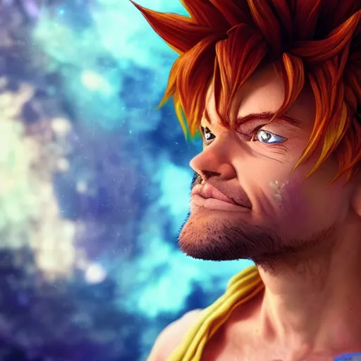 Image similar to shaggy going super sayain, au naturel, hyper detailed, digital art, trending in artstation, cinematic lighting, studio quality, smooth render, unreal engine 5 rendered, octane rendered, art style by klimt and nixeu and ian sprigger and wlop and krenz cushart