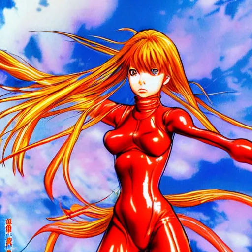 Image similar to Asuka Langley by masamune shirow, highly detailed, action, intricate background details, existentialism and posthumanism.