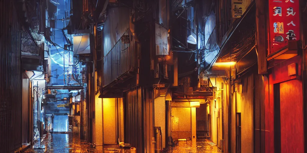 Prompt: quiet tokyo alley at night, raining, dim volumetric lighting, 8 k octane render, hdr, hyper realistic, hyperdetailed, epic composition, cinematic lighting, masterpiece, street photography