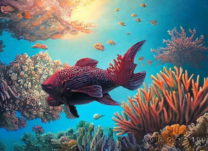 Image similar to epic cinematic artwork of a steam train underwater, coral reef, beautiful artwork by rutowski and brom,