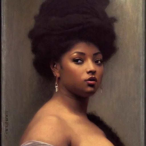 Prompt: Portrait of a beautiful large breasted woman!, vanessa blue!!, by William-Adolphe Bouguereau, orientalist painting, trending on bbwchan!, African ebony, oil on canvas, lingerie!!