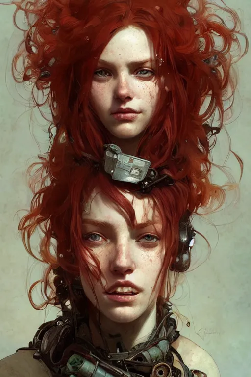 Image similar to A full portrait of a beautiful post apocalyptic red haired, gap toothed, freckled explorer, intricate, elegant, highly detailed, digital painting, artstation, concept art, smooth, sharp focus, illustration, art by Krenz Cushart and Artem Demura and alphonse mucha