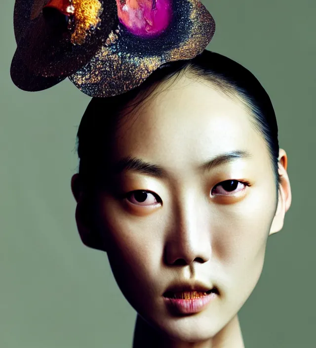 Image similar to photography facial portrait of liu wen, natural background, natural pose, wearing stunning hat by iris van herpen, with a colorfull makeup. highly detailed, skin grain detail, photography by paolo roversi, nick knight, helmut newton, avedon, araki