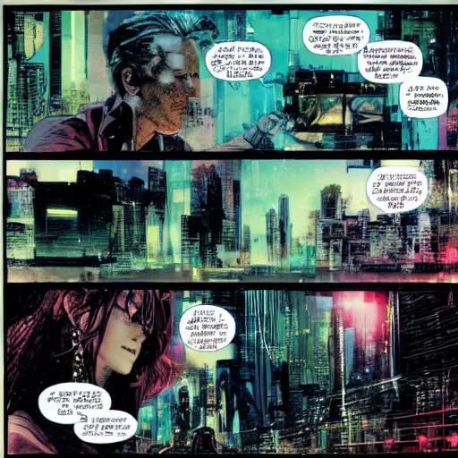 Image similar to cyberpunk dreaming by bobby zeik and bill sienkiewicz and david mack