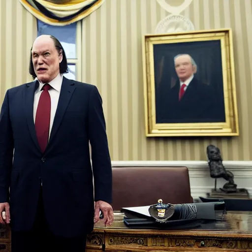 Prompt: president evil BOB from twin peaks in the oval office bright lighting high resolution, menacing atmosphere