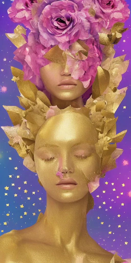 Prompt: man made of beautiful flowers and stars. fantasy art. trending on artstation. 4 k. pastel. golden foil. elegant
