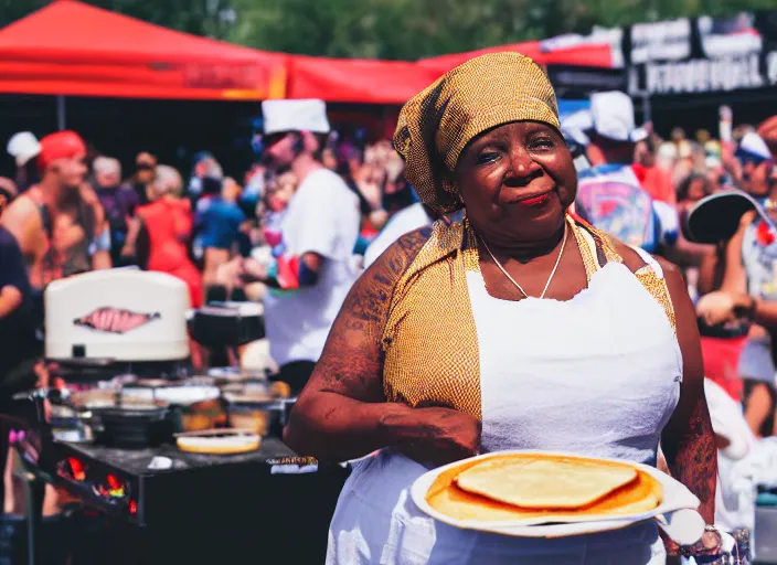 Image similar to photo still of aunt jemima in period attire at vans warped tour!!!!!!!! at age 4 0 years old 4 0 years of age!!!!!!! on stage tossing pancakes into the crowd, 8 k, 8 5 mm f 1. 8, studio lighting, rim light, right side key light