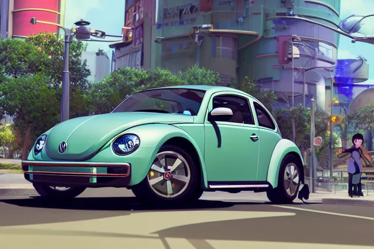 Image similar to a wholesome animation key shot of!! one!! focused!! vw beetle superbug!! in shiny reflective stainless steel, in a las vegas street, medium shot, studio ghibli, ( pixar ) and disney animation, sharp, very detailed, high resolution, rendered in unreal engine 5, anime key art by greg rutkowski, bloom, dramatic lighting