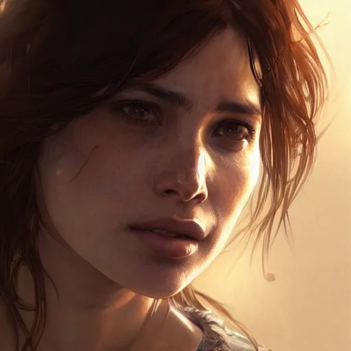 Image similar to ultra realistic illustration, sarah shahi from last of us, intricate, elegant, highly detailed, digital painting, artstation, concept art, smooth, sharp focus, illustration, art by artgerm and greg rutkowski and alphonse mucha