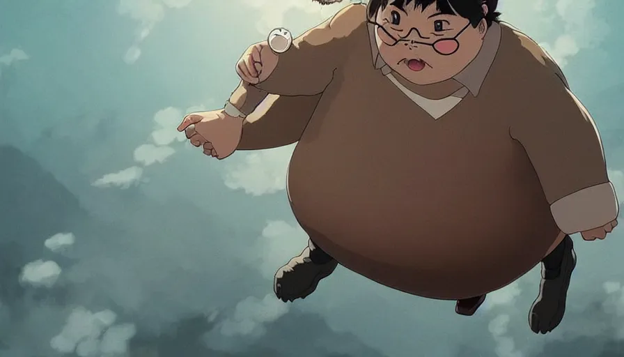 Image similar to the last fat catrider, comedy, graphic art, rgba, 8 k hd resolution, pinterest, dynamic character, 8 k character details, concept art, 8 k ultra realistic, intricate details, ultra detailed, reduce character duplication, in style of hayao miyazaki, by studio ghibli