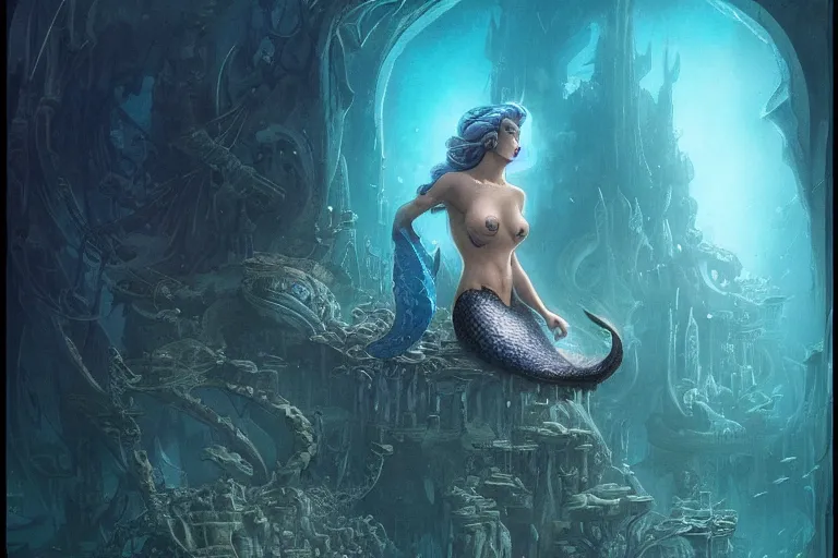 Image similar to a beautiful mermaid looking at the sunken city of Atlantis under water, rays of sunlight, stunning undersea grand architecture in the style of Joe Fenton, art style by Greg Rutkowski and Mohrbacher, deep underwater scene, dark and moody, faint volumetric god rays, grim crushing atmosphere