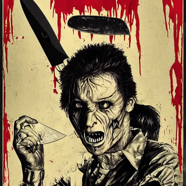 Image similar to realistic portrait of a psycho with a knife on a 1 9 8 0 s horror movie poster, vintage 8 0 s print, detailed, scary, horror, screen print, trending on artstation