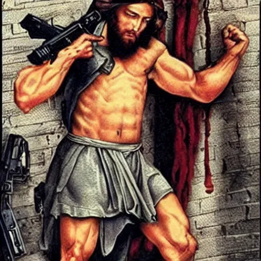 Image similar to jesus rambo with heavy machinegun