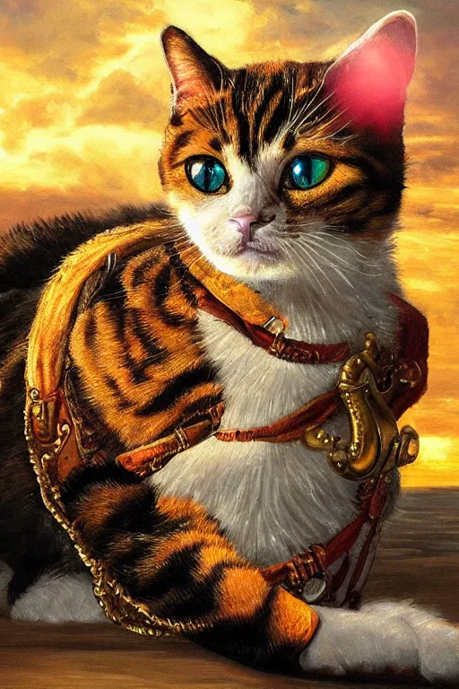 Image similar to A beautiful oil painting of a Cat dressed as a pirate, intricate, elegant, golden hour, volumetric lighting, summer, hyperrealistic, colorful, hyperdetailed.