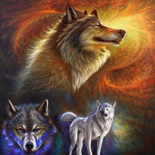 Image similar to enlightened pack of spirit wolves made out of nature by MICHAEL DIVINE and by AMANDA SAGE in the style of oil painting visionary art, trending on artstation, very coherent