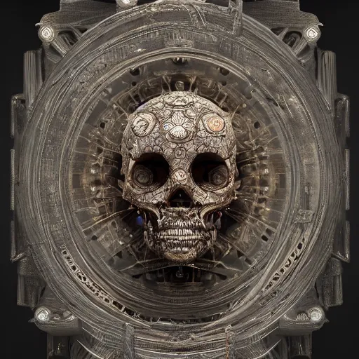 Image similar to many eyed deity artifact with circuitry structure skull and neural network mind, intricate detail, royo, whealan, giger, hd, 8 k, octane render, unreal engine,