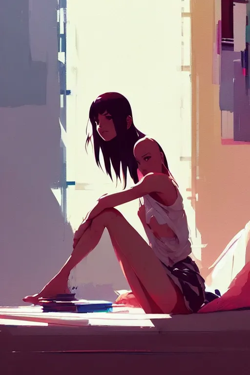 Image similar to a ultradetailed beautiful panting of a stylish woman sitting in a messy apartment, by makoto shinkai, conrad roset and greg rutkowski, trending on artstation