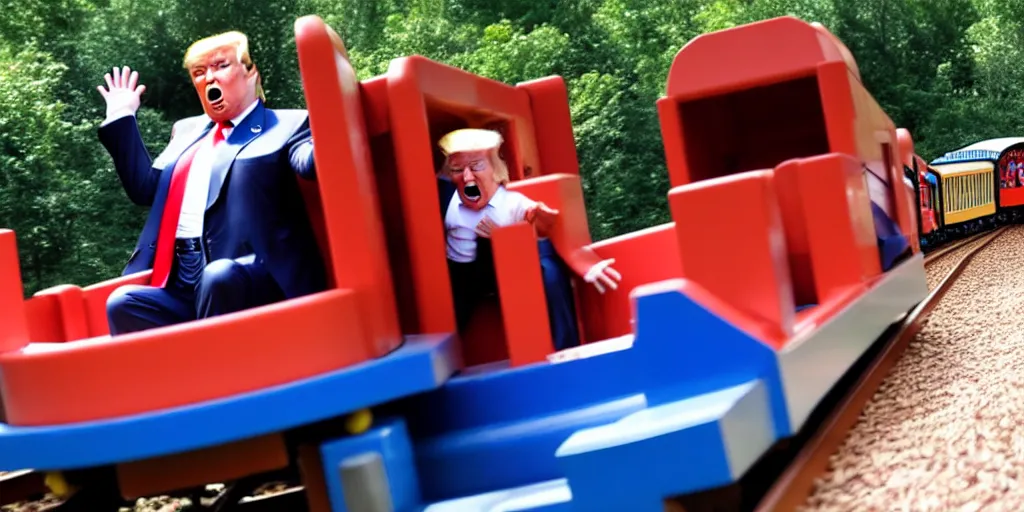 Prompt: a photo of Donald Trump falling off of a kiddy train, crying, taken in Silver Dollar City