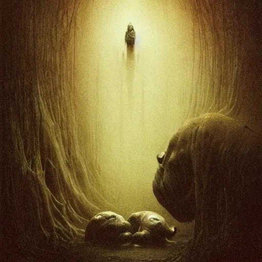 Image similar to hippopotamus, junji ito, beksinski, greg rutkowski, eldritch, horror spooky, cinematic landscape, creepy creature