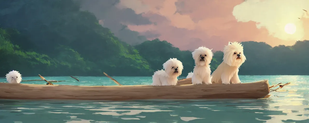 Image similar to a cream - colored havanese dog and shih tzu, sailing a log raft onto the shore of a beautiful tropical beach, detailed, atey ghailan, goro fujita, studio ghibli, rim light, exquisite lighting, clear focus, very coherent,