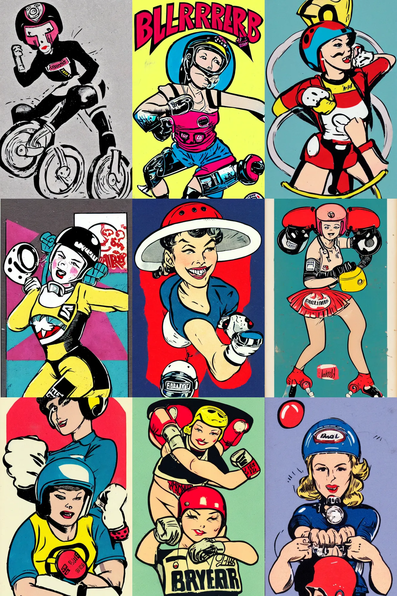 Prompt: roller derby girl portrait, logo, wearing helmet, punching air, Frank Hampson and mcbess, 1950s