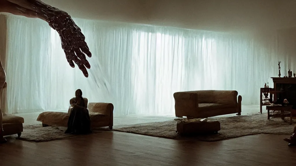 Prompt: a giant hand made of wax and water floats through the living room, film still from the movie directed by Denis Villeneuve with art direction by Junji Ito, wide lens