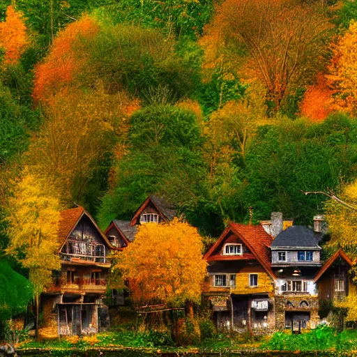 Prompt: a village full of tree houses nestled in a forest, chimneys with puffs of smoke, tall trees, thatched roofs, fresh streams running through, golden hour, autumn leaves, realistic high quality art digital art