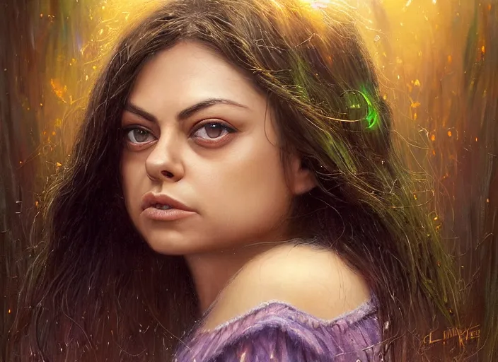 Image similar to big-eyed surprised Mila Kunis staring intensely into the camera, sundown golden hour firefly wisps, Lilia Alvarado, Sophie Anderson, Mark Arian, Bob Byerley, Charlie Bowater, Mark Brooks, Steve Henderson, Justin Gerard, Arthur Hughes, Edward Robert Hughes, Mark Keathley, Victor Nizovtsev, Carlos Shwabe, Ross Tran, WLOP