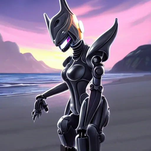 Image similar to pov shot being held in the metal hand of a cute stunning robot anthropomorphic female dragon, with sleek silver armor, a black OLED visor over the eyes, her maw open in front of the camera, about to consume you, on the beach at sunset, highly detailed digital art, furry art, anthro art, sci fi, warframe art, destiny art, high quality, 3D realistic, mawshot, Furaffinity, Deviantart